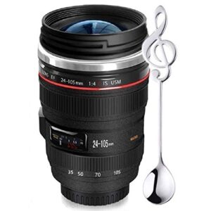 poxiwin camera lens coffee mug,comes with a musical note spoon,novelty stainless steel camera lens mugs for music lover photographer filmmaker