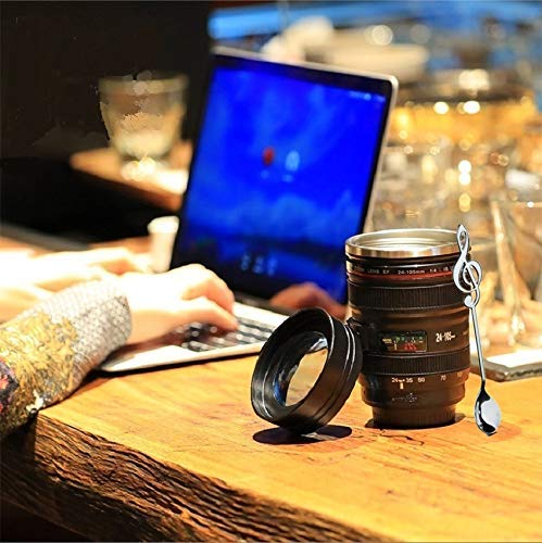 POXIWIN Camera Lens Coffee Mug,Comes with a Musical Note Spoon,Novelty Stainless Steel Camera Lens Mugs for Music Lover Photographer Filmmaker