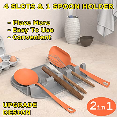 Silicone Spoon Rest 2 in 1 Larger Size Utensil Rest for Kitchen Counter Stove Top, Upgraded Spoon Holder with Drip Pad Include 4 Slots & 1 Spoon Holder, Gray