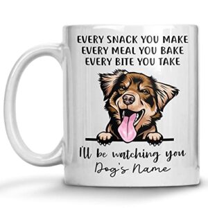 personalized red tri australian shepherd coffee mug, every snack you make i’ll be watching you, customized dog mugs for mom dad, gifts for dog lover, mothers day, fathers day, birthday presents