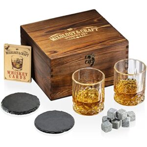 mixology & craft whiskey stones gift set for men | pack of 2, 10 oz whiskey glasses w/ 8 granite chilling rocks, 2 slate coasters, cocktail cards in a rustic wooden crate | whiskey essentials