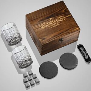 Mixology & Craft Whiskey Stones Gift Set for Men | Pack of 2, 10 oz Whiskey Glasses w/ 8 Granite Chilling Rocks, 2 Slate Coasters, Cocktail Cards in a Rustic Wooden Crate | Whiskey Essentials