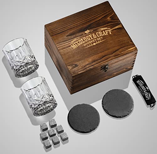 Mixology & Craft Whiskey Stones Gift Set for Men | Pack of 2, 10 oz Whiskey Glasses w/ 8 Granite Chilling Rocks, 2 Slate Coasters, Cocktail Cards in a Rustic Wooden Crate | Whiskey Essentials