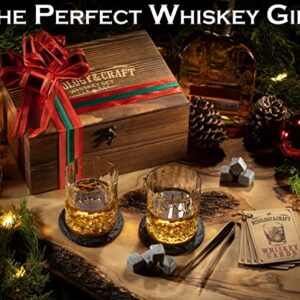 Mixology & Craft Whiskey Stones Gift Set for Men | Pack of 2, 10 oz Whiskey Glasses w/ 8 Granite Chilling Rocks, 2 Slate Coasters, Cocktail Cards in a Rustic Wooden Crate | Whiskey Essentials