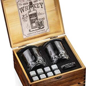 Mixology & Craft Whiskey Stones Gift Set for Men | Pack of 2, 10 oz Whiskey Glasses w/ 8 Granite Chilling Rocks, 2 Slate Coasters, Cocktail Cards in a Rustic Wooden Crate | Whiskey Essentials