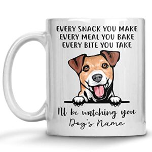 personalized jack russell terrier coffee mug, every snack you make i’ll be watching you, customized dog mugs for mom dad, gifts for dog lover, mothers day, fathers day, birthday presents