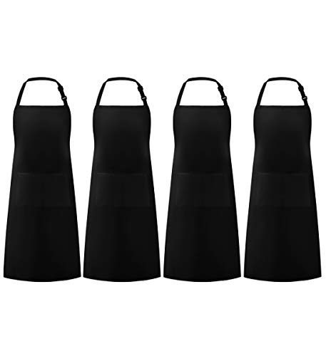 Syntus 4 Pack Adjustable Bib Apron Thicker Version Waterdrop Resistant with 2 Pockets Cooking Kitchen Aprons for Women Men Chef, Black