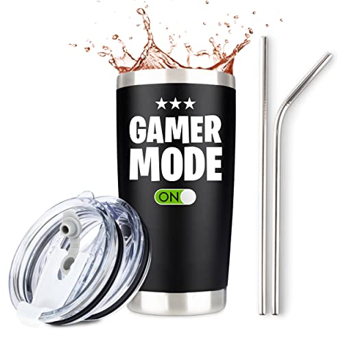 Gamer Gifts for Men - Gamer Mode ON - Stainless Steel Tumbler for Coffee/Cold Drinks w Lid and 2 Straws | Gift Idea Gamer Cup For Valentines Day Fathers Day - Video Gamer Mug Boys (20 Ounce Black)