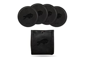 rico industries nfl buffalo bills black personalized faux leather laser engraved 4-pack coaster set with pouch – great beverage accessory for game day
