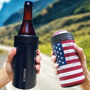 4-IN-1 Insulated Can Cooler with Lid - Newest Signice 12 Oz Stainless Steel Can Cooler Double Walled Vacuum Insulator for Skinny Tall Slim Can / Standard Regular Can / Beer Bottle (Flag)