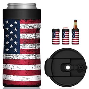 4-in-1 insulated can cooler with lid – newest signice 12 oz stainless steel can cooler double walled vacuum insulator for skinny tall slim can / standard regular can / beer bottle (flag)