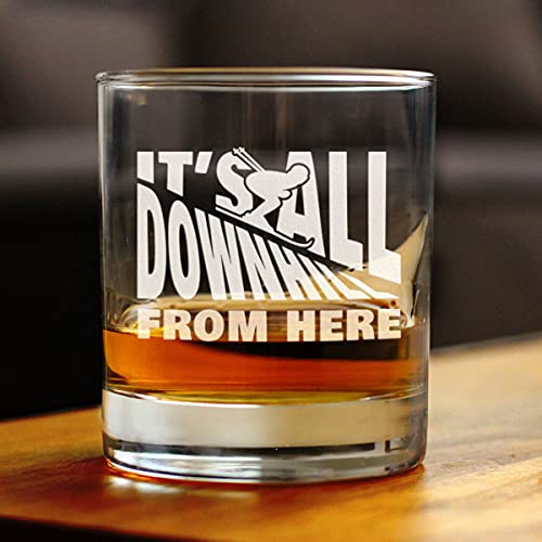 It's All Downhill From Here - Whiskey Rocks Glass - Unique Skiing Themed Decor and Gifts for Mountain Lovers - 10.25 Oz Glasses