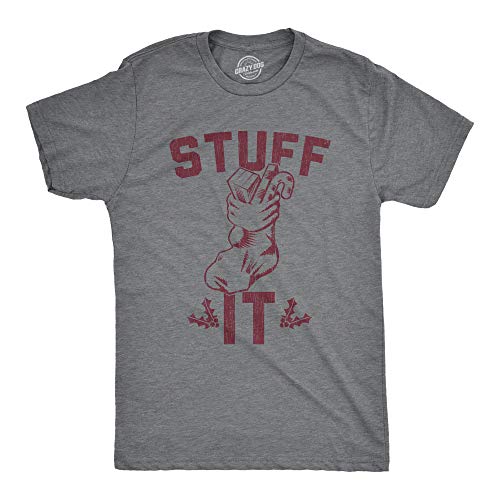 Mens Stuff It Tshirt Funny Christmas Stocking Holiday Party Graphic Novelty Tee (Dark Heather Grey) - XL