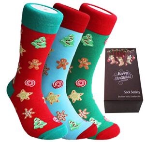 christmas gingerman unisex men women fun dress casual pattern crew funny xmas socks gift box(3 pairs)