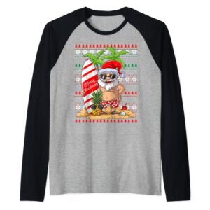 Ugly Christmas Costume Hawaiian Santa Surfing Raglan Baseball Tee