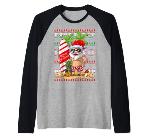 Ugly Christmas Costume Hawaiian Santa Surfing Raglan Baseball Tee