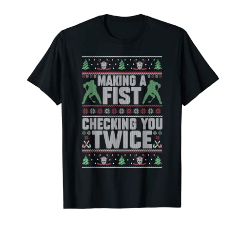 Making A Fist Checking You Twice Hockey Player Christmas T-Shirt