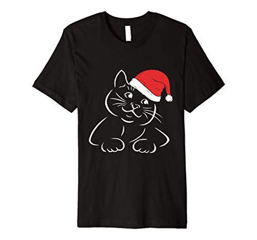 Christmas Cat Santa Hat Cute Kitten Drawing Premium T-Shirt