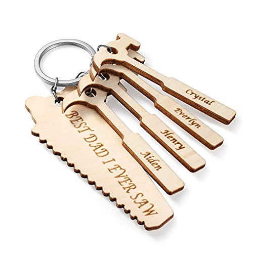 Personalized Tools Wood Keychain Engrave 1-6 Names Saw and Hammer shape Keychain Gifts for Dad Father's Day (4 names)