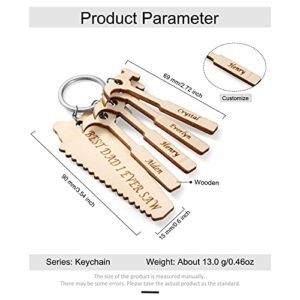 Personalized Tools Wood Keychain Engrave 1-6 Names Saw and Hammer shape Keychain Gifts for Dad Father's Day (4 names)