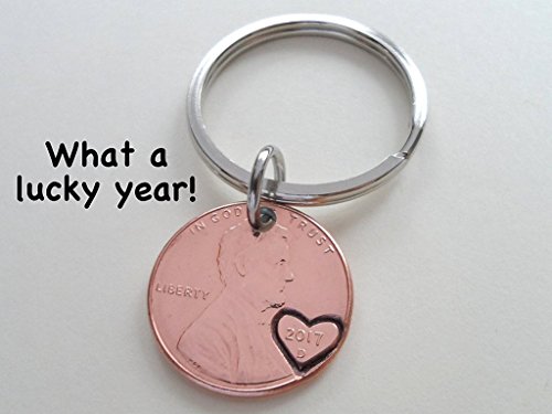 2017 Penny Keychain With Heart Around Year; 6 Year Anniversary, Couples Keychain
