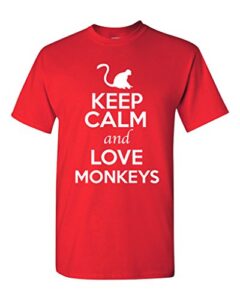 keep calm and love monkeys animal lover adult t-shirt tee (large, red)