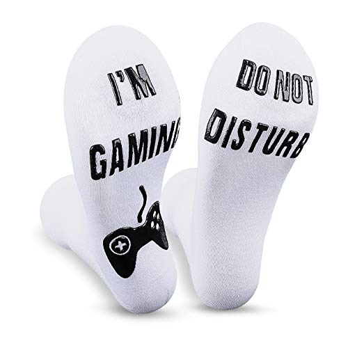 Do Not Disturb I’M Gaming Socks, Funny Novelty Gamer Socks Valentines Day Father Day Gifts for Men Women Boy Girl (White Black, Long)