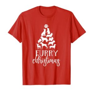 Furry Christmas Tree Dog Lover Dog Paws Print T-Shirt