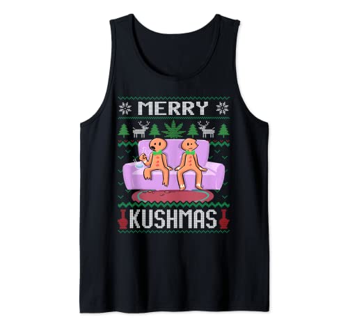 Merry Kushmas Gingerbread Man Ugly Christmas Marijuana Tank Top