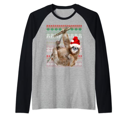 Ugly Christmas Santa Costume Christmas Sloth Lover Raglan Baseball Tee