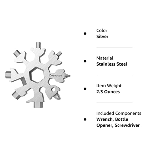 Desuccus 18-in-1 Snowflake Multi Tool, Bottle Opener/Flat Phillips Screwdriver Kit/Wrench, Stocking Stuffers for Men(Standard-Stainless Steel)