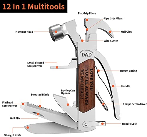 Christmas Gifts for Dad from Daughter Son Kids 12 in 1 Multitool Hammer Cool Gadgets Stocking Stuffer Gifts for Men Him Birthday Anniversary Thanksgiving Gifts Ideas for Father (with Gifts Box)