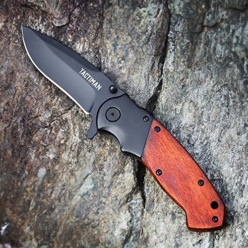 TACTIMAN Pocket Knife Gifts for Men Husband Boyfriend Folding Knife Stainless Steel Blade Wood Handle Birthday Gifts Unique Gifts for Men Stocking Stuffers for Men Knife Gifts for Men