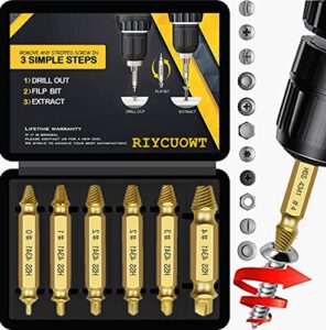 damaged screw extractor – remover for stripped head screws nuts & bolts | ‎6 piece titanium drill bit tools for easy removal of rusty & broken hardware | high speed steel | superb gift for men