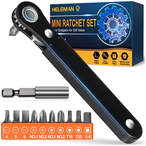 Right Angle Screwdriver Tools Gifts: Mini Ratcheting 90 Degree Offset Screwdriver Bit Set EDC Gear Angled Screwdriver for Small Spaces Sewing Machine Supplies Gift for Man Woman Mom Dad Her Birthday