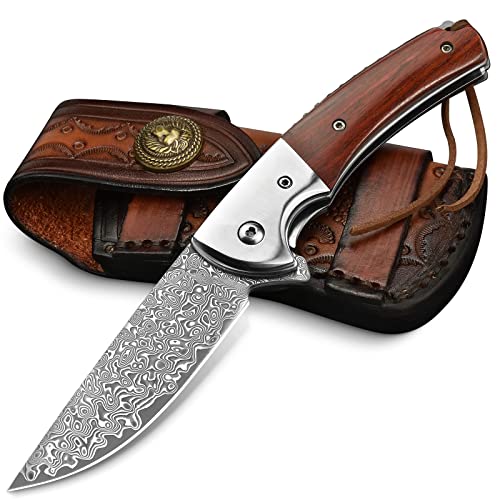 LOTHAR Damascus Pocket Knife for Men, Excellent Damascus Folding Knife Gifts for Men, VG10 Damascus Steel and Leather Sheath, Men Gifts for Birthday, Anniversary, Christmas Stocking Stuffers for Men