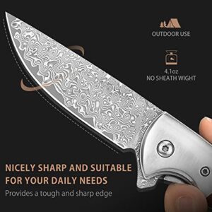 LOTHAR Damascus Pocket Knife for Men, Excellent Damascus Folding Knife Gifts for Men, VG10 Damascus Steel and Leather Sheath, Men Gifts for Birthday, Anniversary, Christmas Stocking Stuffers for Men