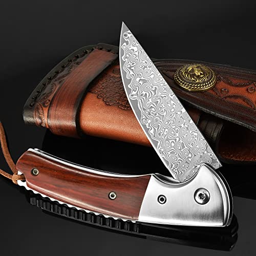LOTHAR Damascus Pocket Knife for Men, Excellent Damascus Folding Knife Gifts for Men, VG10 Damascus Steel and Leather Sheath, Men Gifts for Birthday, Anniversary, Christmas Stocking Stuffers for Men
