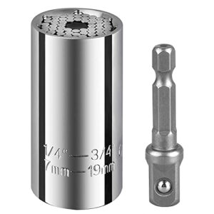htworgre universal socket, 1/4″-3/4″ (7mm to 19mm) ratchet universal socket set with wrench power drill adapter – best tool present for handyman men husband father boyfriend him (silver)