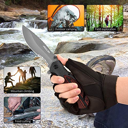 Pocket Knife for Men with 9Cr18Mov Stainless Steel, Folding Knife for Camping Hunting Hiking, Tactical Knife with Window Breaker, Seatbelt Cutter, Stocking Stuffers Christmas Gifts for Men Dad Husband