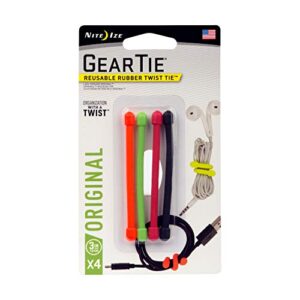 nite ize gt3-4pk-a1 original gear, reusable rubber twist tie, made in the usa, 3-inch, 3″ – 4-pack, colors may vary, 4 count