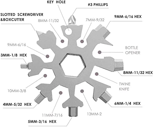 18-in-1 Snowflake Multi Tool, Stainless Steel Snowflake Bottle Opener/Flat Phillips Screwdriver Kit/Wrench, Durable and Portable to Take, Great Christmas gift(Standard, Stainless Steel). (Silver)