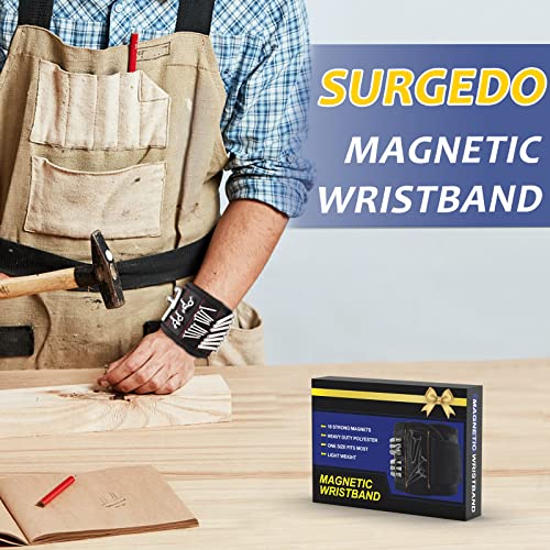 Magnetic Wristband, SURGEDO Magnetic Wrist Tool Holder with Strong Magnet for Screws, Also Includes Retractable Magnet Pick-Up Tool with LED, Small Gifts for Dad Men Husband