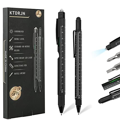 Tools for Men,Cool Gadgets,2 Pack 9 in 1 Multitool Pen Set with LED Light, Touchscreen Stylus, Ruler, Level, Bottle Opener,Flathead, and Ballpoint Pen(Black）