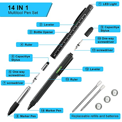 Tools for Men,Cool Gadgets,2 Pack 9 in 1 Multitool Pen Set with LED Light, Touchscreen Stylus, Ruler, Level, Bottle Opener,Flathead, and Ballpoint Pen(Black）