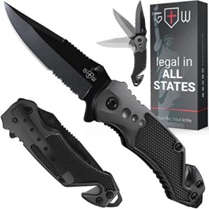 2,95” Serrated Blade Pocket Knife - Black Folding Knife with Glass Breaker and Seatbelt Cutter - Small EDC Knife with Pocket Clip for Men Women - Sharp Tactical Camping Survival Hiking Knives 6680