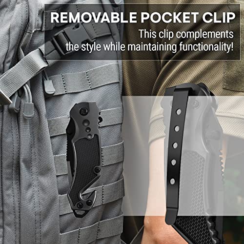 2,95” Serrated Blade Pocket Knife - Black Folding Knife with Glass Breaker and Seatbelt Cutter - Small EDC Knife with Pocket Clip for Men Women - Sharp Tactical Camping Survival Hiking Knives 6680