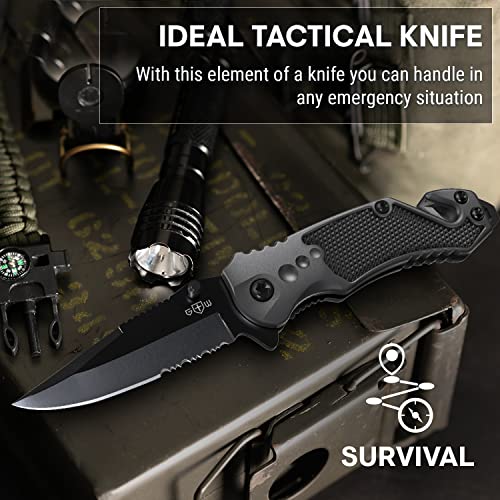 2,95” Serrated Blade Pocket Knife - Black Folding Knife with Glass Breaker and Seatbelt Cutter - Small EDC Knife with Pocket Clip for Men Women - Sharp Tactical Camping Survival Hiking Knives 6680