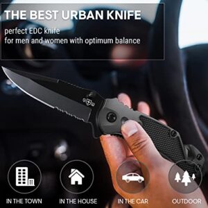 2,95” Serrated Blade Pocket Knife - Black Folding Knife with Glass Breaker and Seatbelt Cutter - Small EDC Knife with Pocket Clip for Men Women - Sharp Tactical Camping Survival Hiking Knives 6680