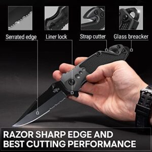 2,95” Serrated Blade Pocket Knife - Black Folding Knife with Glass Breaker and Seatbelt Cutter - Small EDC Knife with Pocket Clip for Men Women - Sharp Tactical Camping Survival Hiking Knives 6680